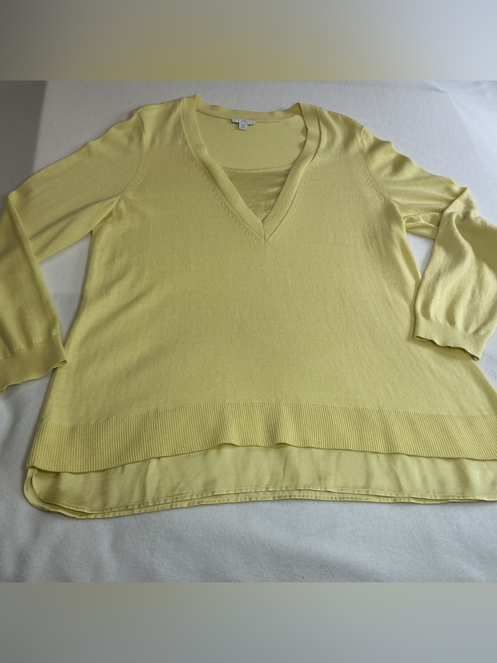 J Jill Pure Jill Yellow Knit V-Neck Layered Sweater Satiny Trim Women L Petite